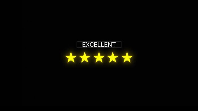Glowing customer review stars visual bright yellow rating icons, excellent label, and clean black background. service feedback, product testimonials, quality promos, app reviews, and motion graphics.