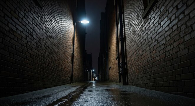 Empty dark backstreet with brick walls and a single bright lamp shining in the night.