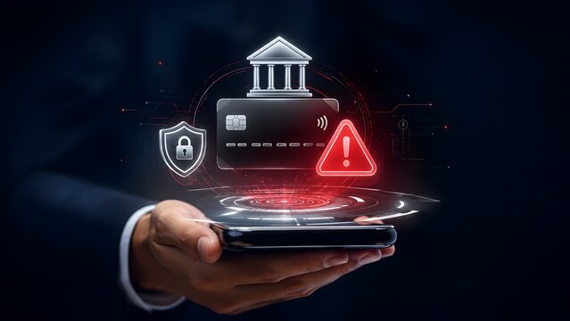 Hands holding smartphone with digital bank building credit card and red warning alert representing online banking fraud and cyber threat