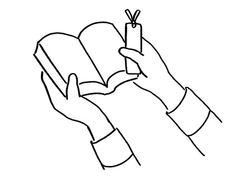 本や辞書を開いてしおりを挟みながら読書や勉強をする手のイラスト
 Illustration of hands holding an open book with a bookmark while reading or studying