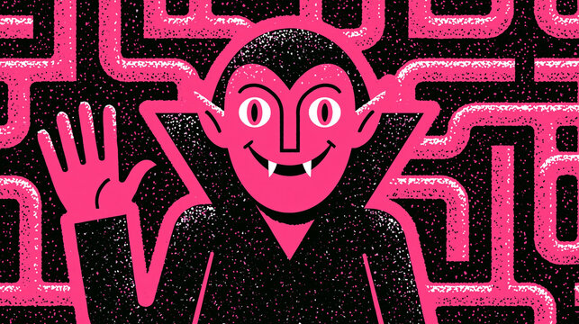 Cheerful Vampire Mascot Vector Art in Bold Pink and Black Horror Style