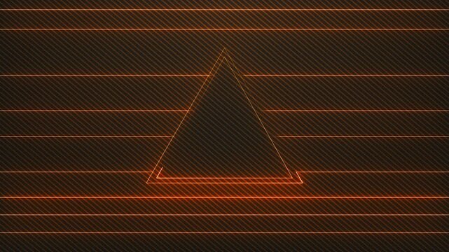 Glowing orange geometric alert visual with triangular outline, striped tech grid, dark warning style. for cyber security clips, caution graphics, futuristic title cards, and motion graphics.