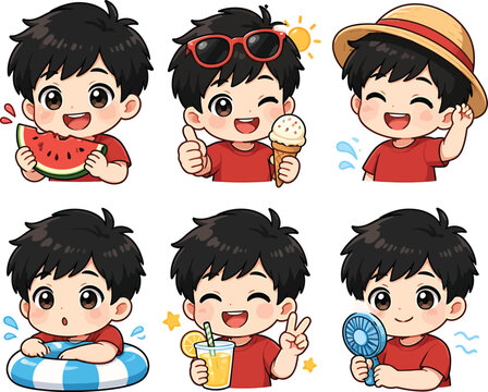 Cute anime boy character stickers enjoying summer, ice cream, and swimming.
