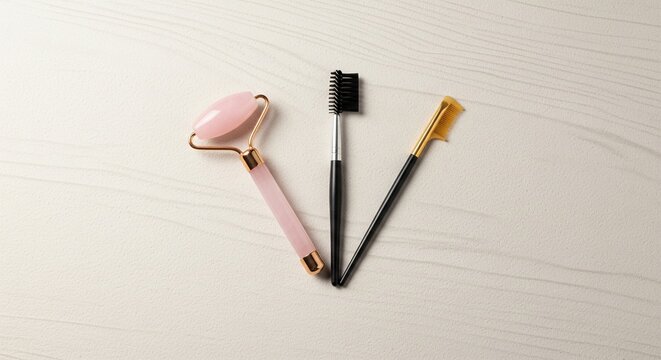 Flat lay of beauty tools including a pink quartz face roller, eyebrow brush, and eyelash comb arranged on a light wooden surface.