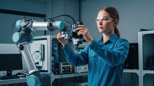 Female Engineer Working on Industrial Robotic Arm Assembly