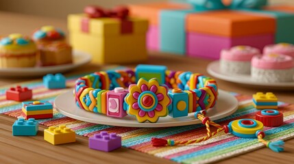 Fototapeta premium Raksha bandhan themed festive rakhi bracelet made of colorful building blocks and beads raksha bandhan, raksha bandhan image