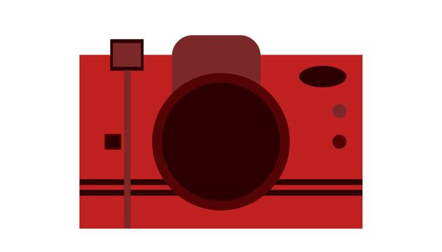 Red camera icon with dark lens and minimalistic design. Bold colors emphasize creativity and digital capture.