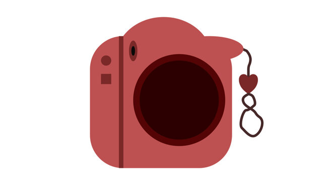 Red camera with heart charm hangs nearby. Sleek design evokes creativity and romance.
