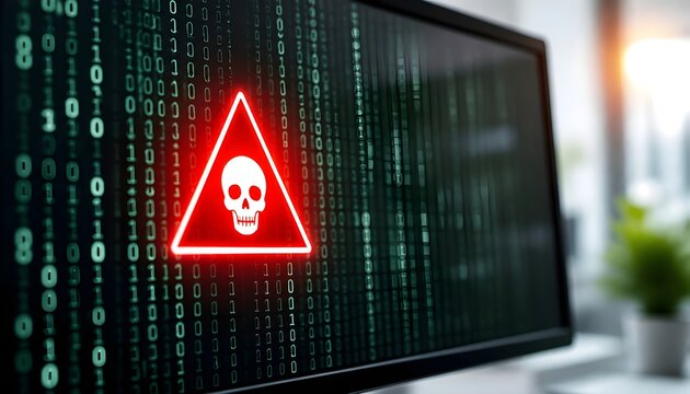 Cyber Security Threat Warning Displaying a Glowing Skull Icon on a Digital Binary Code Screen
