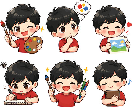 Cute cartoon boy artist drawing and painting with brushes in set