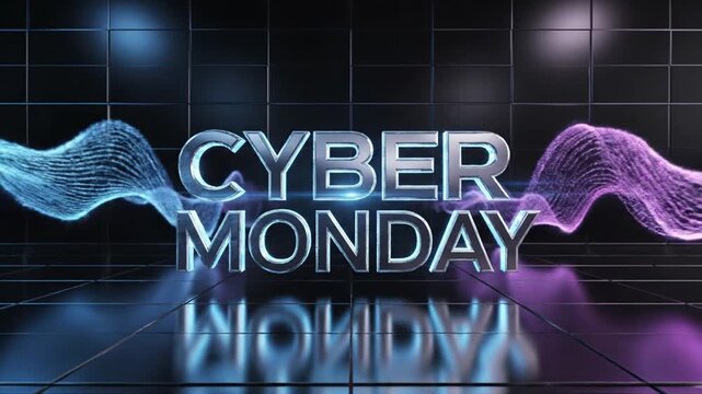 Glowing blue Cyber Monday neon text in futuristic digital room