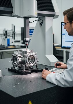 Engineer operating a Coordinate Measuring Machine (CMM) to inspect a metal component.