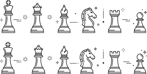 Minimalist chess pieces vector icon set featuring rows of king queen bishop knight rook and pawn linear strategy icons © Rashidul