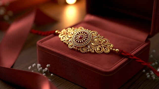 Raksha bandhan themed golden rakhi in a gift box with red ribbon raksha bandhan, raksha bandhan image