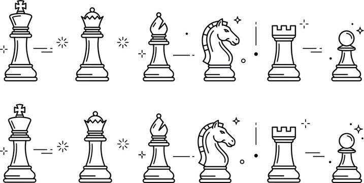 Minimalist chess pieces vector icon set featuring rows of king queen bishop knight rook and pawn linear strategy icons