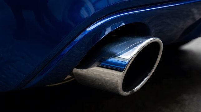 Macro Shot of Polished Chrome Exhaust Tip on a Metallic Blue Sports Car