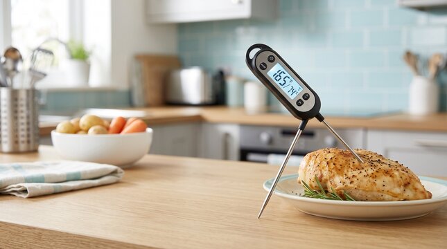 Temperature probe measuring chicken on kitchen countertop  