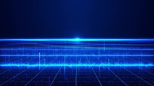 Futuristic blue data floor visual bright horizontal glow, dotted grid surface, and deep virtual horizon. for cyber scenes, tech title cards, digital stages, software promos, and motion graphics.