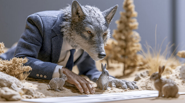 Wolf CEO Diorama Satirizing Corporate Predator Behavior Over Rabbit Consumers