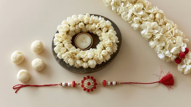 Raksha bandhan themed raksha bandhan essentials rakhi, jasmine flowers, sweets, and candle raksha bandhan, raksha bandhan image