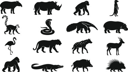 Obraz premium Flat Color Wild Zoo Animal Silhouette Collection With Safari Mammals And Forest Predators For Graphic Design Projects