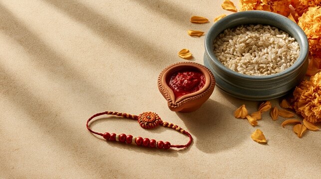 Raksha bandhan themed rakhi, akshat rice, roli vermilion paste, and flower petals for indian festival raksha bandhan, raksha bandhan image
