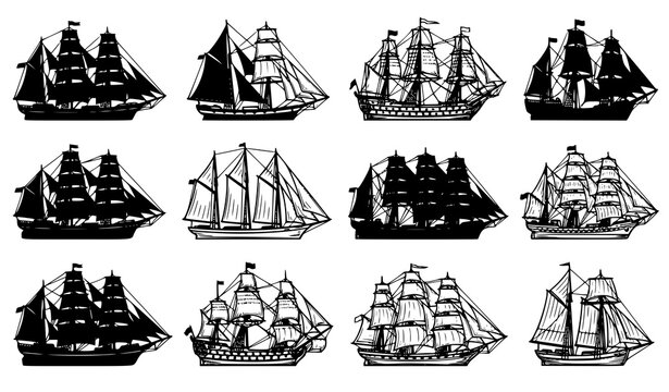 Vintage sailing ship collection with tall ship galleon schooner and clipper black silhouette nautical vector illustration set on white