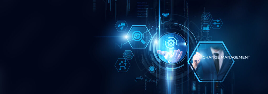 Change Management and organizational data on digital interface. Business transformation, process improvement, strategy planning, leadership solutions, workflow adaptation, digital innovation.