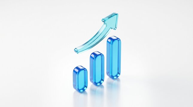 3D growth chart icon with arrow isolated on white background, concept of business success and progress. Transparent Liquid Glass icon. 3D rendering.