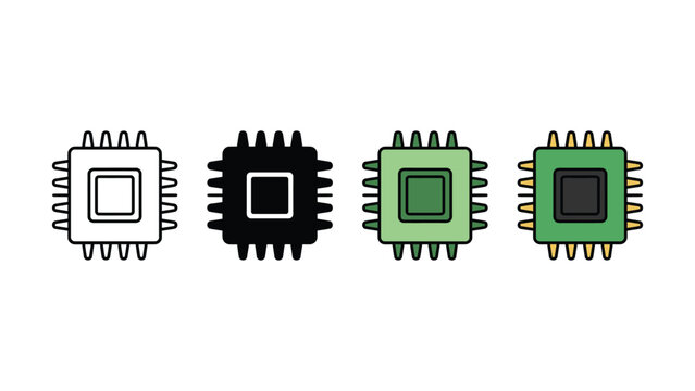 Four different colored computer processor chip icons in a row on white background