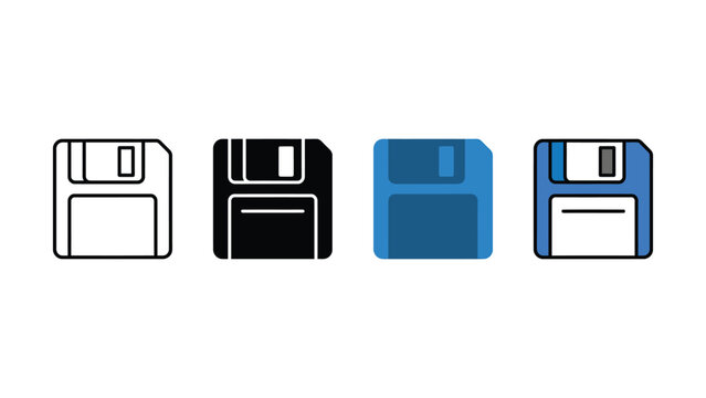 Four different colored floppy disk icons on white background