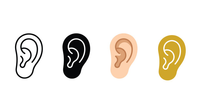 Four different colored human ear illustrations in various shades and styles side by side