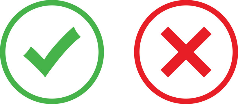 Green check mark and red cross mark symbols for yes or no choice isolated on a white background