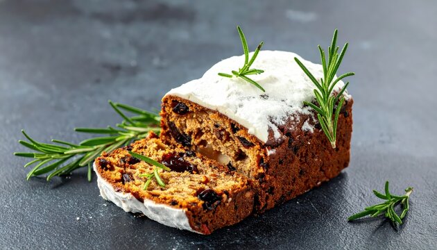 Close-up of a sliced fruitcake topped with powdered sugar and garnished with fresh rosemary sprigs on a dark stone surface