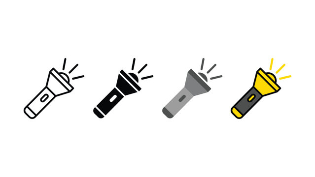 Four different flashlights with light beams on white background