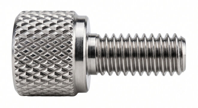Extreme macro of a knurled stainless steel camera cage thumbscrew on white.