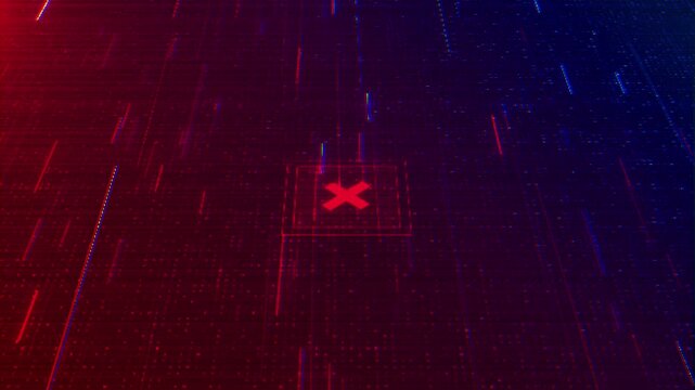 Glitch system failure alert visual with red cross icon, blue digital grid, noisy scan effects, and dark warning atmosphere. cyber threat videos, software errors, access denial, motion