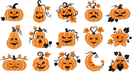 Obraz premium Set of cute watercolor pumpkins with various funny faces for hallooween celebration and autumn holiday decorative design elements