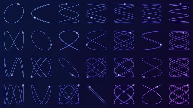 Grid displays various luminous purple curves. Shapes range from simple lines to complex spirals, loops, intersections. Patterns suggest mathematical functions.