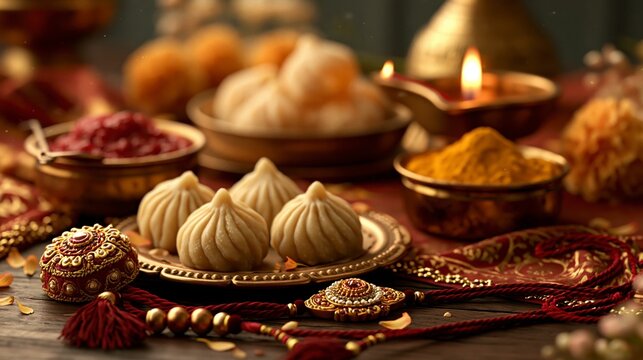 Raksha bandhan themed traditional indian modak sweets with diya lamp and festive decorations raksha bandhan, raksha bandhan image