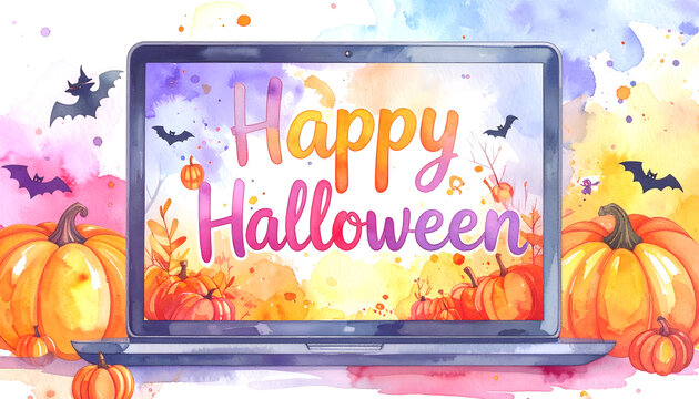 Halloween-themed digital display with festive message. Bright autumn decorations and pumpkins create a cheerful holiday scene.