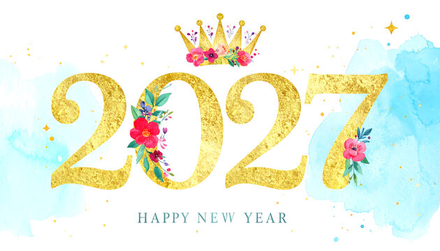 Elegant Golden 2027 Happy New Year Watercolor Background