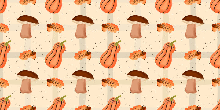 Pattern striped mushroom line bg seamless cute gingham watercolor pumpkin. This design with a repeating pattern of striped mushrooms and gingham accents for a cozy fall or thanksgiving theme.