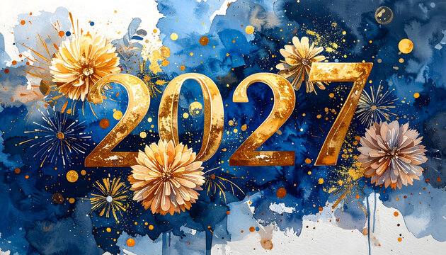 Celebratory New Year 2027 with glowing fireflies and festive decorations. Joyful holiday scene with sparkling lights and floral accents.
