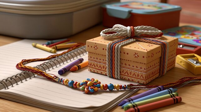 Raksha bandhan themed raksha bandhan gift box and traditional rakhi on a desk with stationery raksha bandhan, raksha bandhan image