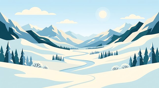 A beautiful winter landscape featuring snow covered mountains and pine trees under a bright blue sky