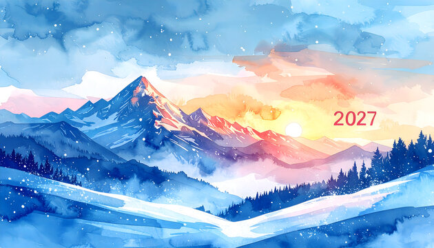 Firefly illuminating winter landscape at sunset. Serene nature scene with glowing insects and snow-covered mountains.