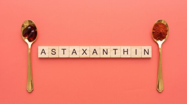 Scrabble tiles spelling "ASTAXANTHIN" centered between two gold spoons; one holds dark red capsules, the other holds red powder on a coral background.