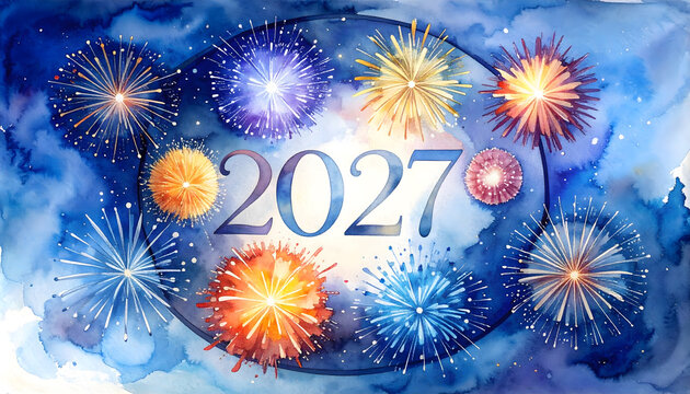 Celebratory fireworks display for New Year 2027. Bright colorful explosions illuminate night sky, festive celebration scene with vibrant lights and...