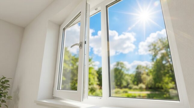 Bright sunny sky and green trees seen through open window frames with sun flare.
